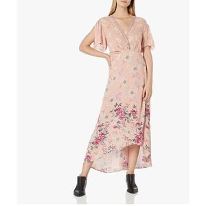 Cottagecore Floral Print‎ V Neck Wrap Midi Dress Short Sleeve High Low Pink S
